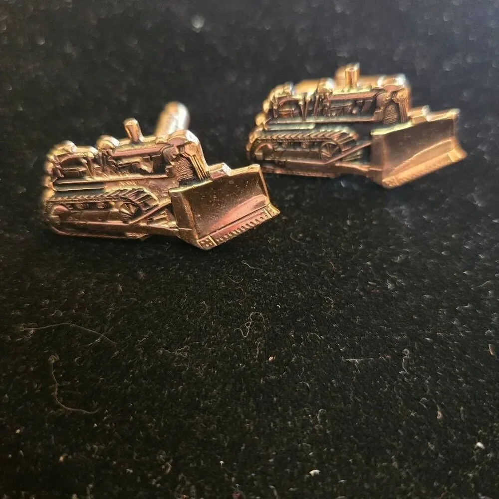 Vintage 1970s Bulldozer Cuff Links Gold Tone